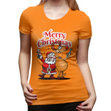 Novelty T Shirt for Women Merry Christmas - Santa Claus And His Reindeer Comfy Round Neck Short Sleeve Tops