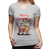 Novelty T Shirt for Women Merry Christmas - Santa Claus And His Reindeer Comfy Round Neck Short Sleeve Tops
