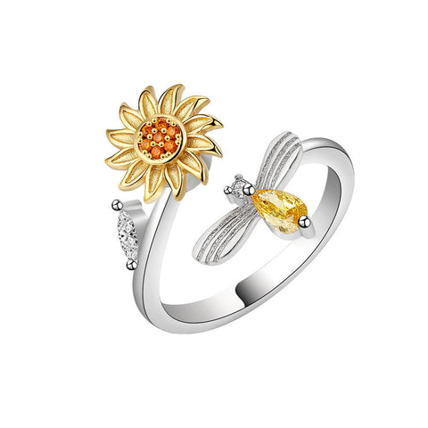 Sterling Silver Sunflower Rotating Ring with Diamonds Simple Versatile Popular Ring