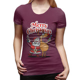 Novelty T Shirt for Women Merry Christmas - Santa Claus And His Reindeer Comfy Round Neck Short Sleeve Tops