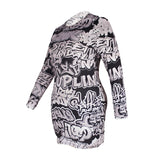 Design Life Bar Womens Plus Size Mini BodyCon Dress Personality Comic Graffiti Print Long Sleeve