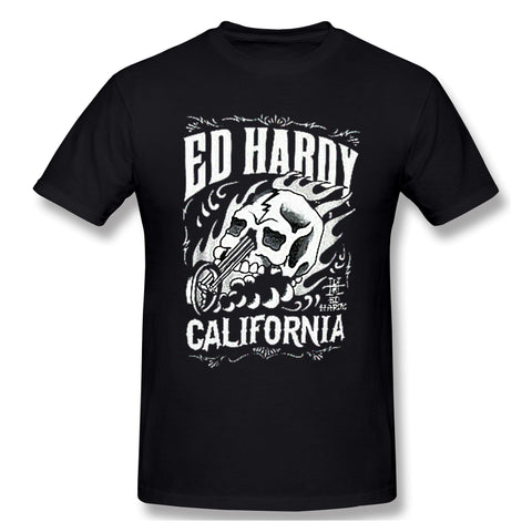 Men's Graphic T Shirt Ed-Hardy-SkullCycle-Flames-Black-White-Unisex Cool Crew Neck Short Sleeves Blouse Tops