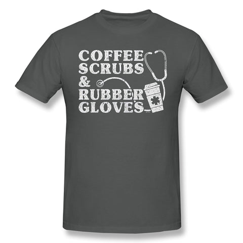 Cotton T Shirt for Men Coffee Scrubs & Rubber Gloves Comfortable Round Neck Short Sleeves Shirt