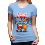 Novelty T Shirt for Women Merry Christmas - Santa Claus And His Reindeer Comfy Round Neck Short Sleeve Tops