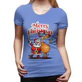 Novelty T Shirt for Women Merry Christmas - Santa Claus And His Reindeer Comfy Round Neck Short Sleeve Tops