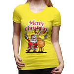 Novelty T Shirt for Women Merry Christmas - Santa Claus And His Reindeer Comfy Round Neck Short Sleeve Tops