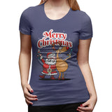 Novelty T Shirt for Women Merry Christmas - Santa Claus And His Reindeer Comfy Round Neck Short Sleeve Tops