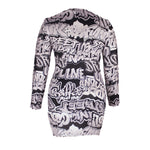 Design Life Bar Womens Plus Size Mini BodyCon Dress Personality Comic Graffiti Print Long Sleeve