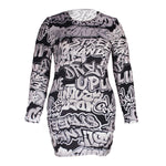 Design Life Bar Womens Plus Size Mini BodyCon Dress Personality Comic Graffiti Print Long Sleeve