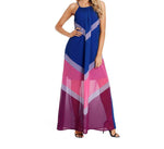 Summer Multicolor Chevron Color Block Halter Neck Long Dress Halter Seaside Holiday Dress