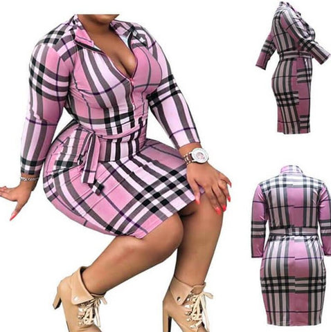 Women's Sexy Dress V Neck Plus Size Slim Plaid Skirt for Women