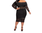 Women Sexy Off Shoulder Long Sleeve Dresses Plus Size Stretchy Net Bodycon Mini Dress Club Party