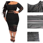 Women Sexy Off Shoulder Long Sleeve Dresses Plus Size Stretchy Net Bodycon Mini Dress Club Party