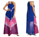 Summer Multicolor Chevron Color Block Halter Neck Long Dress Halter Seaside Holiday Dress