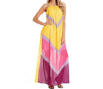 Summer Multicolor Chevron Color Block Halter Neck Long Dress Halter Seaside Holiday Dress