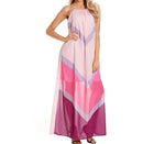 Summer Multicolor Chevron Color Block Halter Neck Long Dress Halter Seaside Holiday Dress