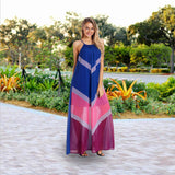 Summer Multicolor Chevron Color Block Halter Neck Long Dress Halter Seaside Holiday Dress