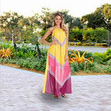 Summer Multicolor Chevron Color Block Halter Neck Long Dress Halter Seaside Holiday Dress